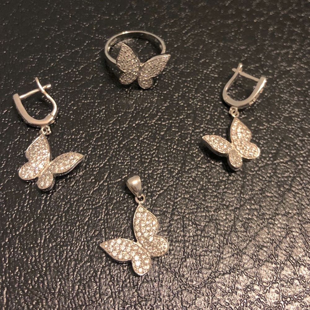 Butterfly pendant, earrings, ring set